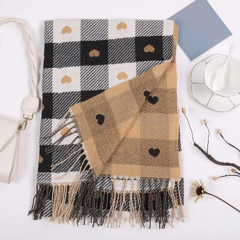 الهدايا ألياف الاكريليك منقوشة وشاح محبوك دفئا لينة القلب سميكة وشاح طويل كلاسيكي شرابة شال زوجين #4