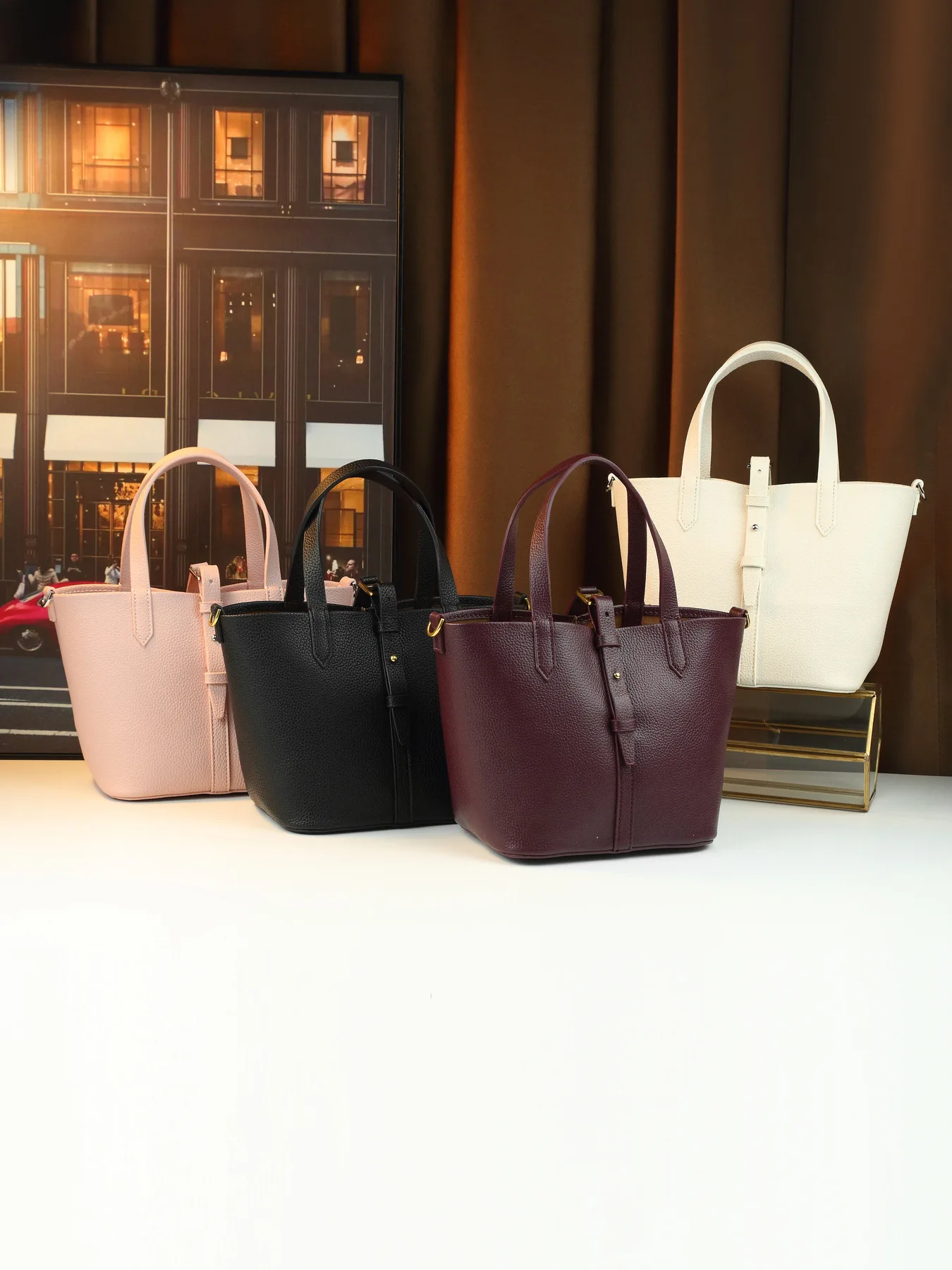 Korean Style New Lychee Texture Handbag Simple Solid Color Versatile Gentle Bucket Bag Commute Shoulder Crossbody Women Bag