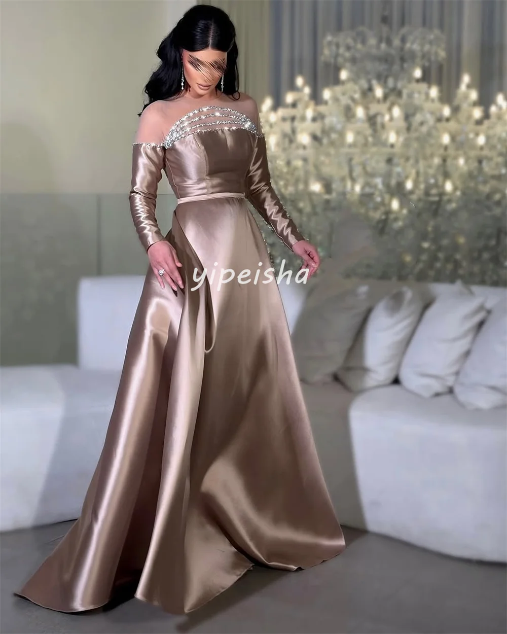 Abiti lunghi personalizzati con strass abbinati a pieghe A-line con spalle scoperte Abiti da cerimonia su misura Taglie disponibili Moda