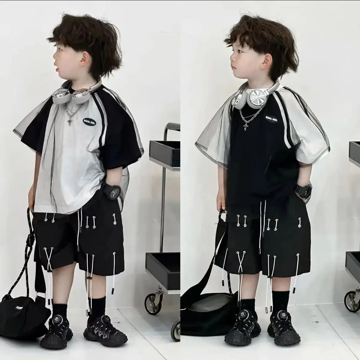 

Children's Set Summer New 2024 Cool Boys Personalized Mesh Contrasting Colors Short Sleeve Tops Cargo Pants Two Piece Suits