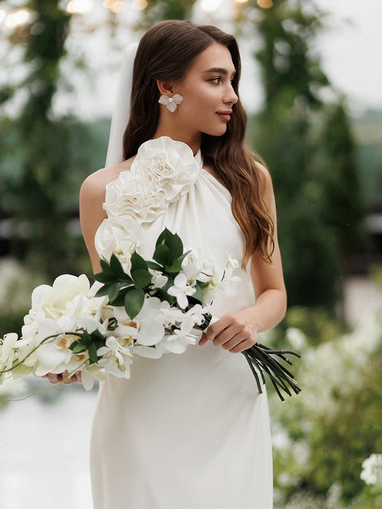 VC White Satin Halter Backless Long Dress For Women Sleeveless Flowers Embellished Slim Prom Elegant Evening Party Gowns