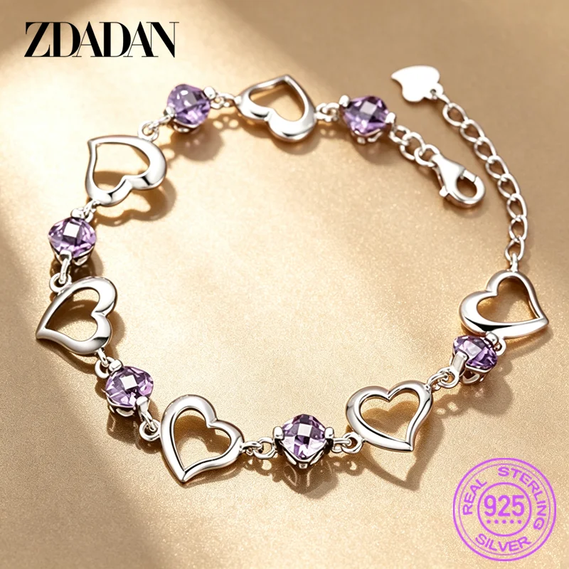 ZDADAN 925 Sterling Silver Amethyst Heart Bracelet For Womens Adjustable Fashion Party Jewelry