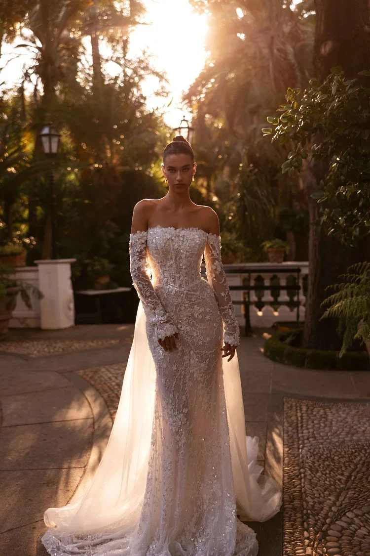 Lace Wedding Dress Vestido De Novia Corte Sirena Dresses Luxury 2025 Vestidos Falda Desmontable Manga Larga Elegantes Boda Civil