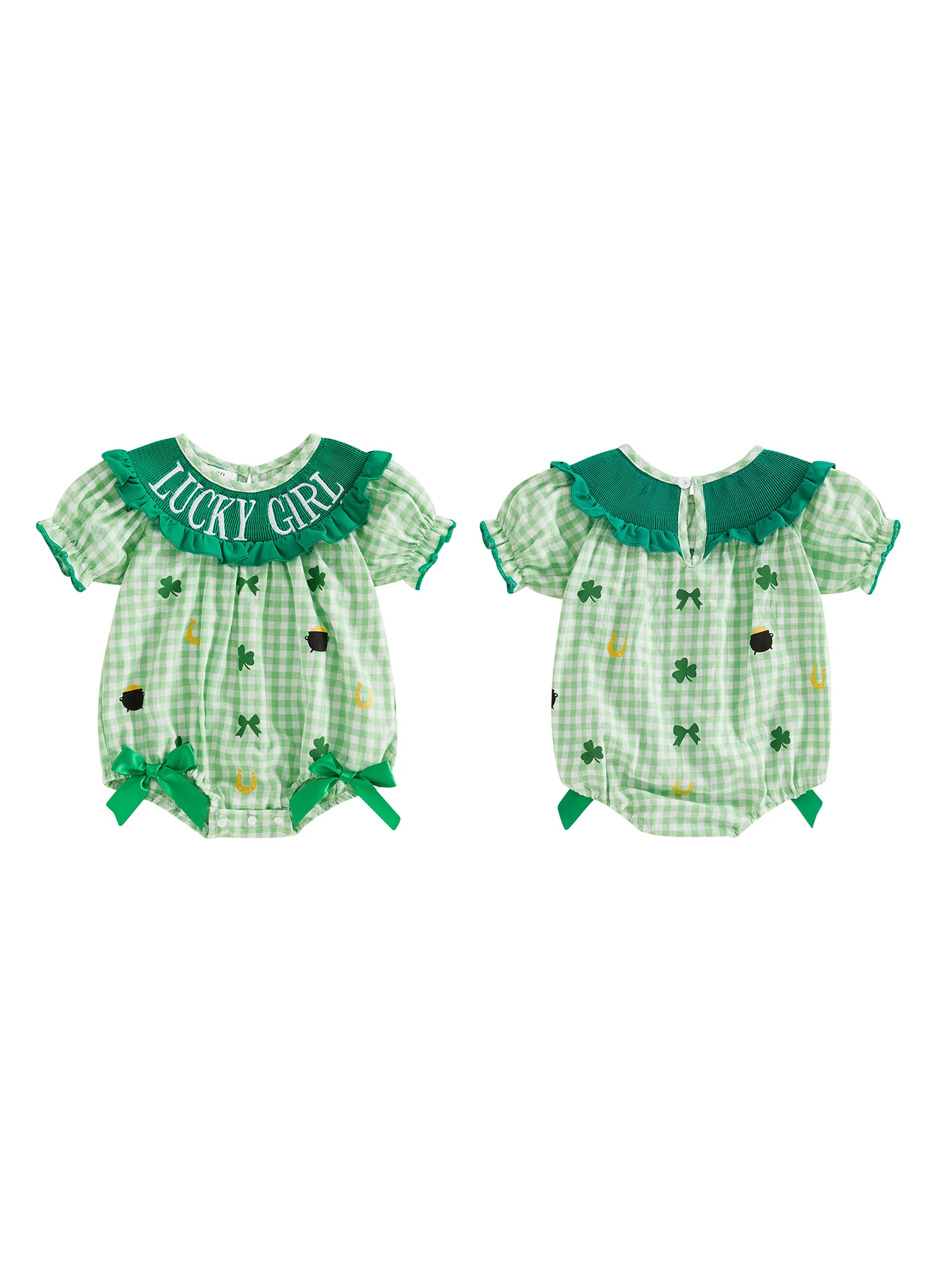 

Adorable Toddler St Patrick s Day Green Plaid Romper with Shamrock Embroidery and Bubble Sleeves - Irish Baby Girl Jumpsuit