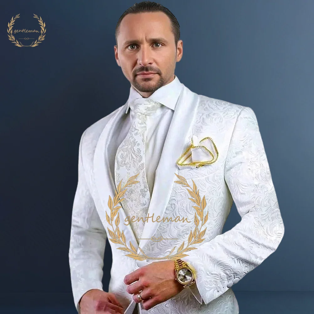 Hochzeit Blazer Herren Anzug Einreiher Schal Revers weiß Jacquard Stoff 2 Stück Set Jacke Hosen elegantes Bräutigam Outfit 2024