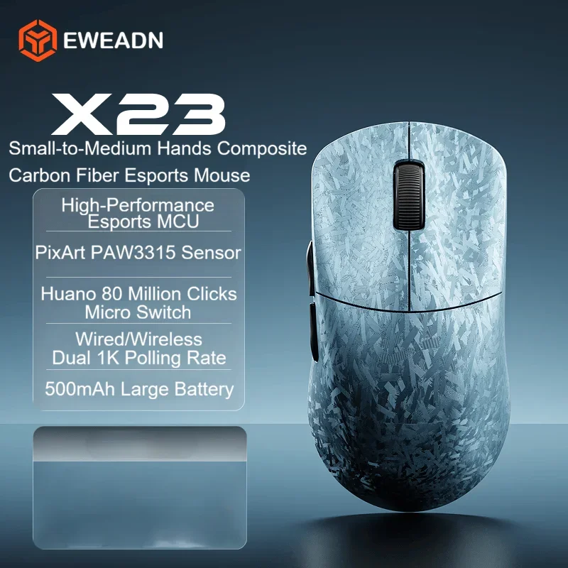 EWEADN X23L Carbon Fiber Wireless Mouse Tri Mode 2.4G/BT5.0/USB-C 12000DPI Ultra Lightweight for Small to Medium Hands Gaming PC