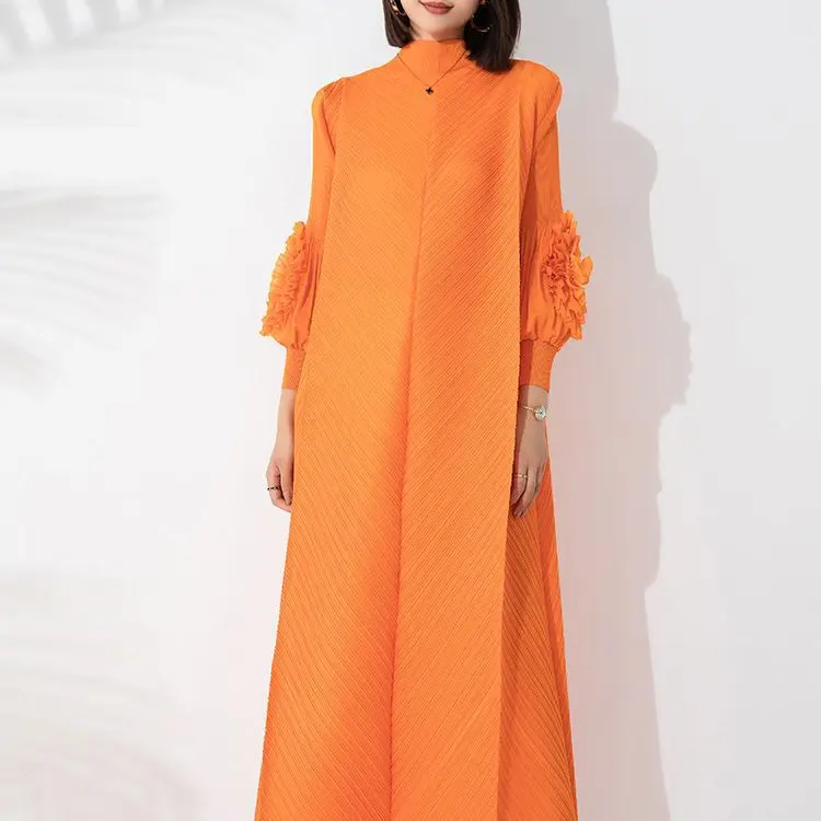 

Miyake Pleated Long Dress Women Fashion Temperament Half Turtleneck Loose Large Size Plate Flower Oblique Pleated Elegant Dress