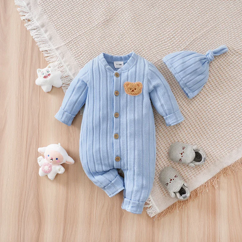 

2pcs newborn baby romper Winter sweater knit long-sleeved blue Bear Chapter With hat One piece Baby pajamas 0-18 months Unisex