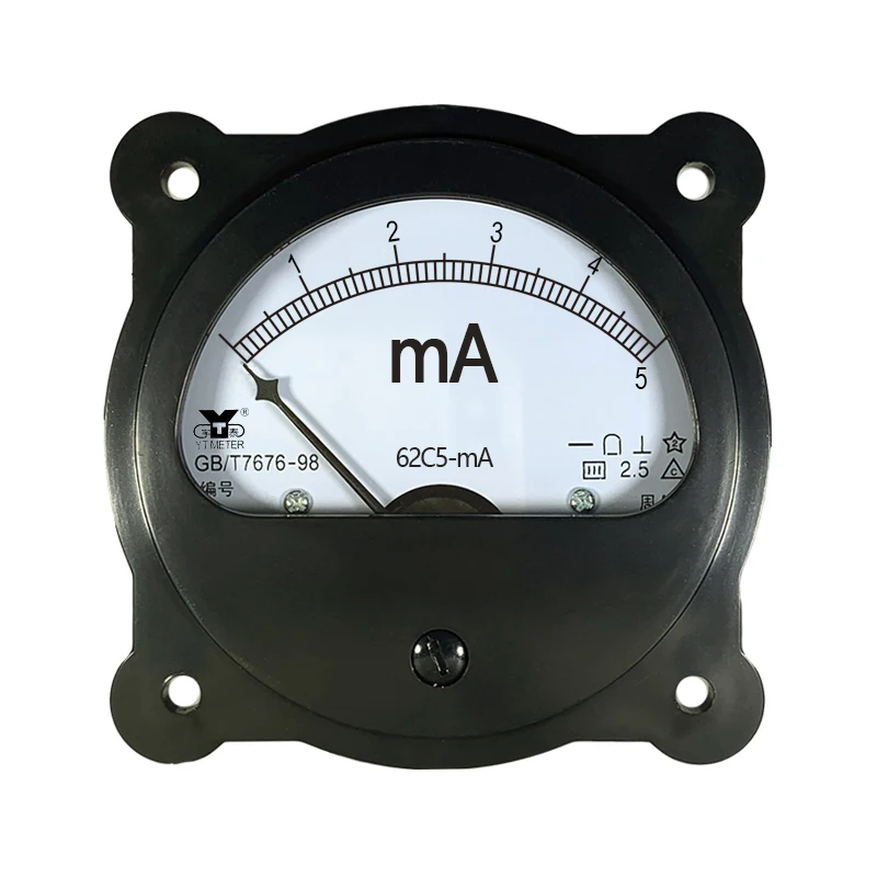 62C5 DC ammeter milliampere meter circular 1mA 2mA 5mA 10mA 20mA 30mA 50mA 100mA 200mA 300mA 500mA pointer type black instrument