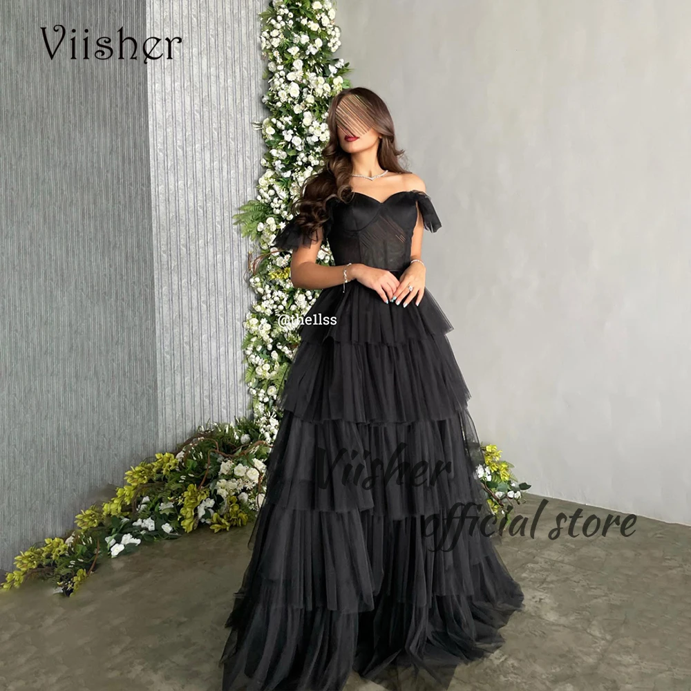 

Black Tulle Evening Dresses Off Shoulder A Line Sweetheart Prom Party Dress Floor Length Dubai Arabic Formal Occasion Gowns