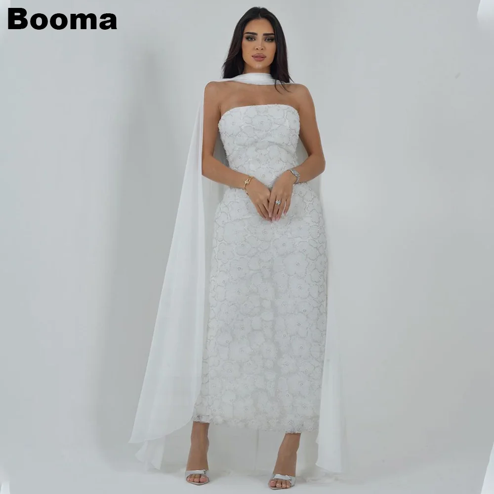 Booma White Mermaid Wedidng Party Dresses Strapless Flowers Beading Cape Evening Dress Ankle Length Women's Formal Prom Gowns