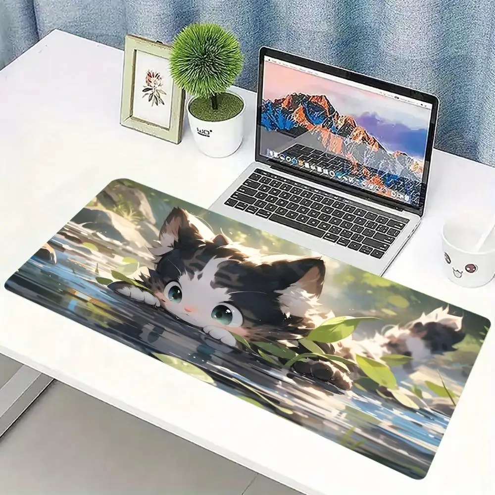 Cute Water Kitten Art Large Extended Gaming Mouse Pad Non Slip Desk Surface Cartoon Cat Ocean Print For Gaming And Office Use