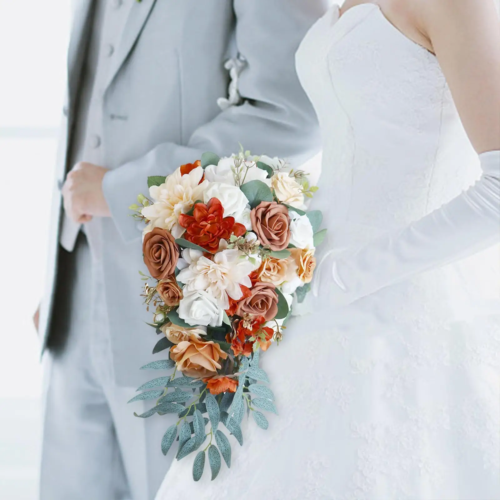 

, Bridal Bouquet Rose Romantic Fake Flowers Green Leaves Elegant