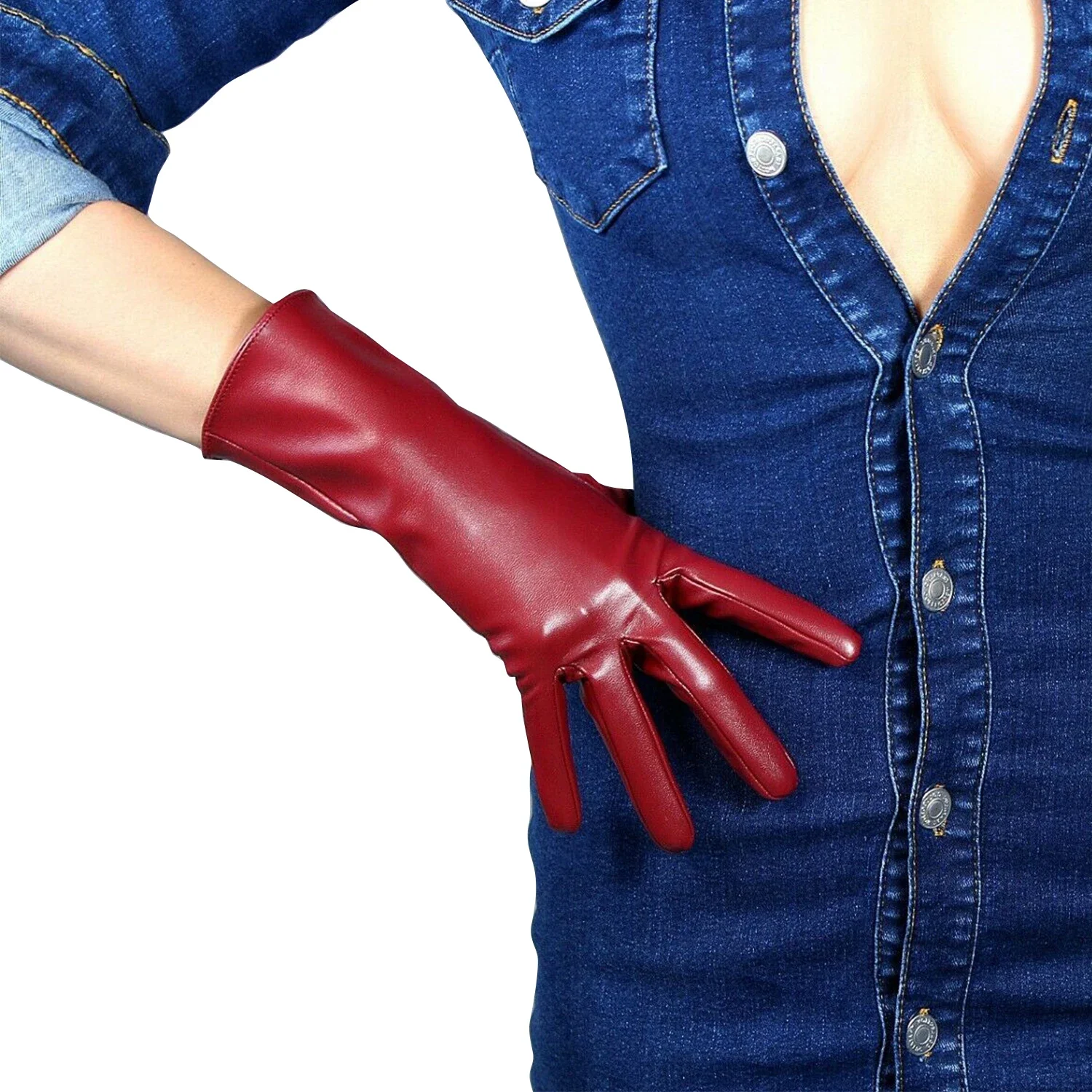 

DooWay women Leather Gloves Faux Sheepskin PU Burgundy Elbow Length 11-inch Warm Stretchy Unlined Full Finger Wedding Gloves