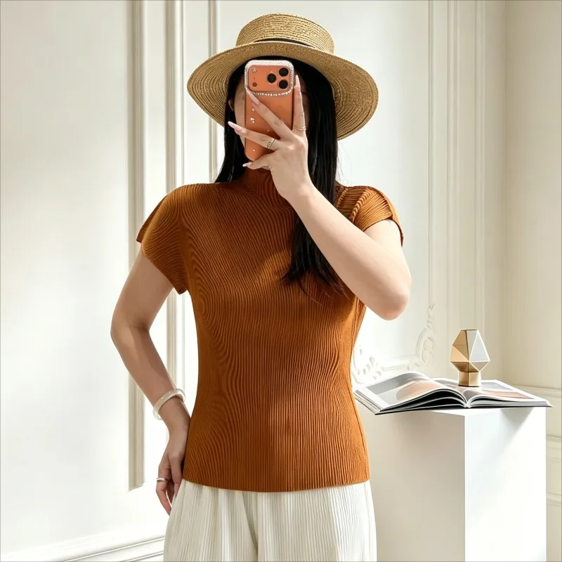 Miyake Pleated T-Shirt New Fashion Casual Half-High Neck Short Sleeve Top Women's Lightweight Stretchy Elegant Draped Clothing