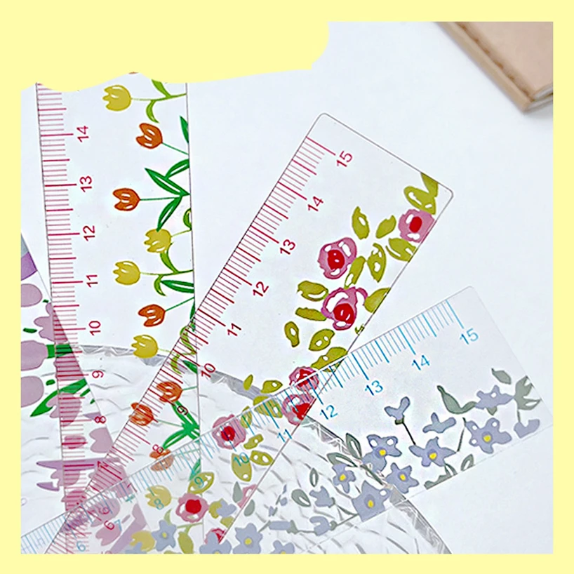 Regla de flores de 15cm, papelería Kawaii transparente, herramientas de dibujo DIY, Linda papelería coreana para estudiantes, reglas de suministros