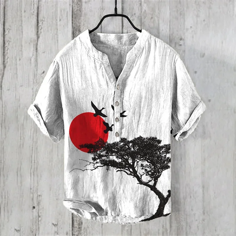 New style simple flower V-neck short-sleeved shirt foreign trade fashion casual loose T-shirt shirt bamboo linen shirt top