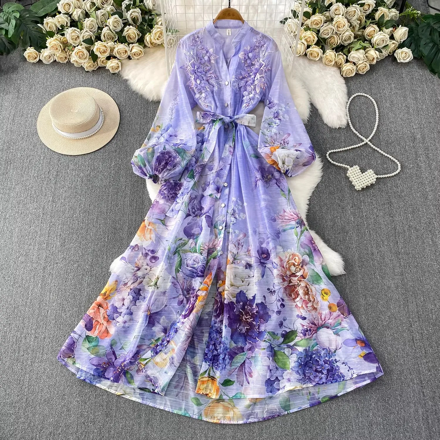 

2026 Summer Holiday Gorgeous Flower Lace Embroidery Dress Women's V-Neck Lantern Sleeve Single Breasted Belt Lace Up Long Vestid
