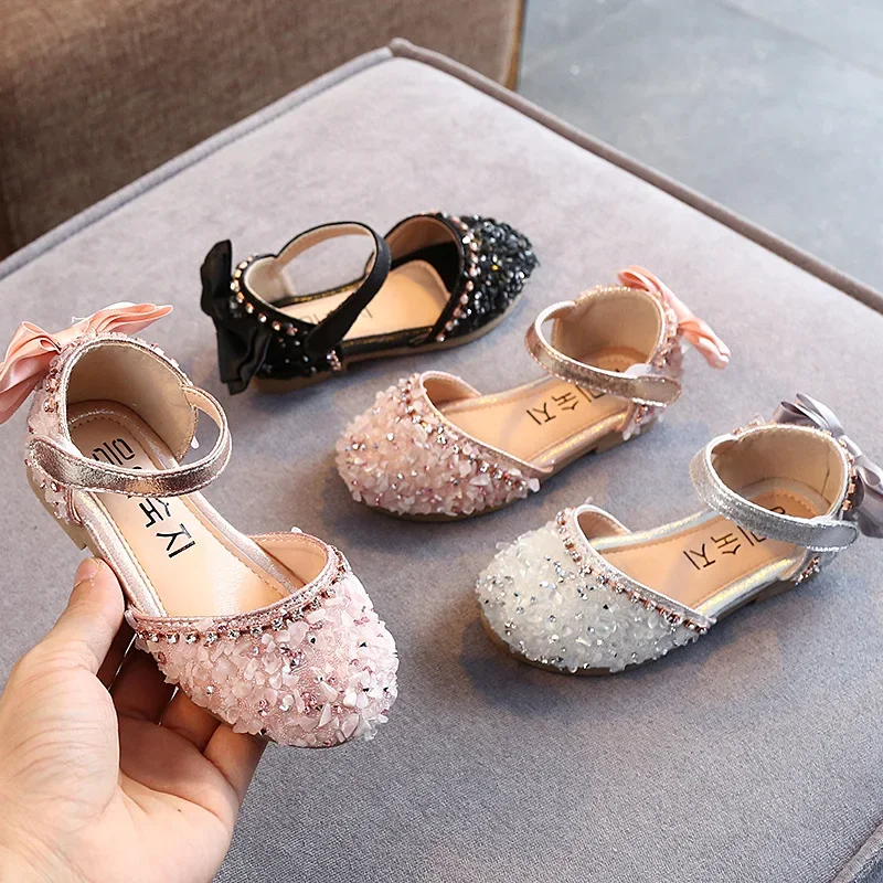 2023 Crystal Bow Single Shoes Summer Girls Fashion Princess Soft Shoes Children Pu Leather Flat Baby Rhinestone Sandals A986