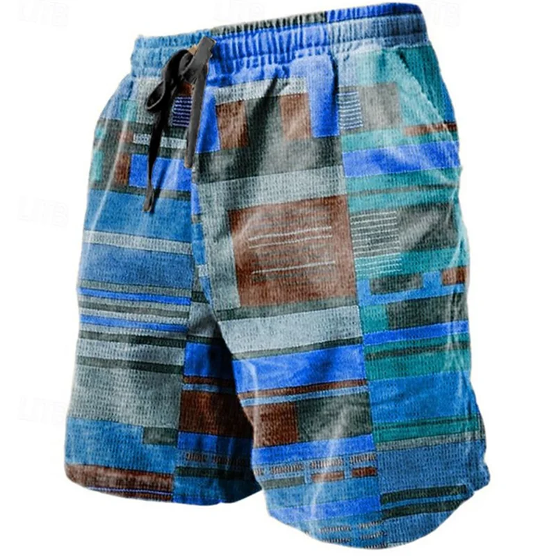 Vintage Patchwork Pattern Beach Short For Men Fashion Casual Summer 3D Fake Cloth Printed Short Pants Loose Street Swim Trunks