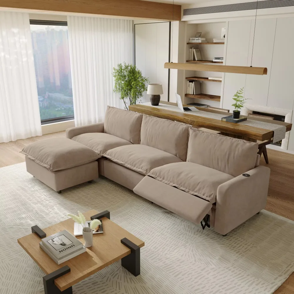 Multifunctional recliner electric adjustment khaki multi-port charging living room combination sofa set