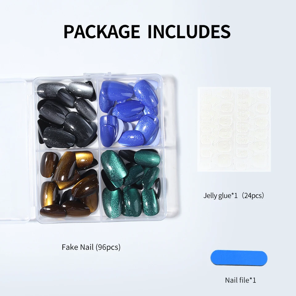 96 piezas (4 estilos) de uñas postizas cortas ovaladas en azul, verde y gris, efecto ojo de gato cristal, estilo Y2K 5