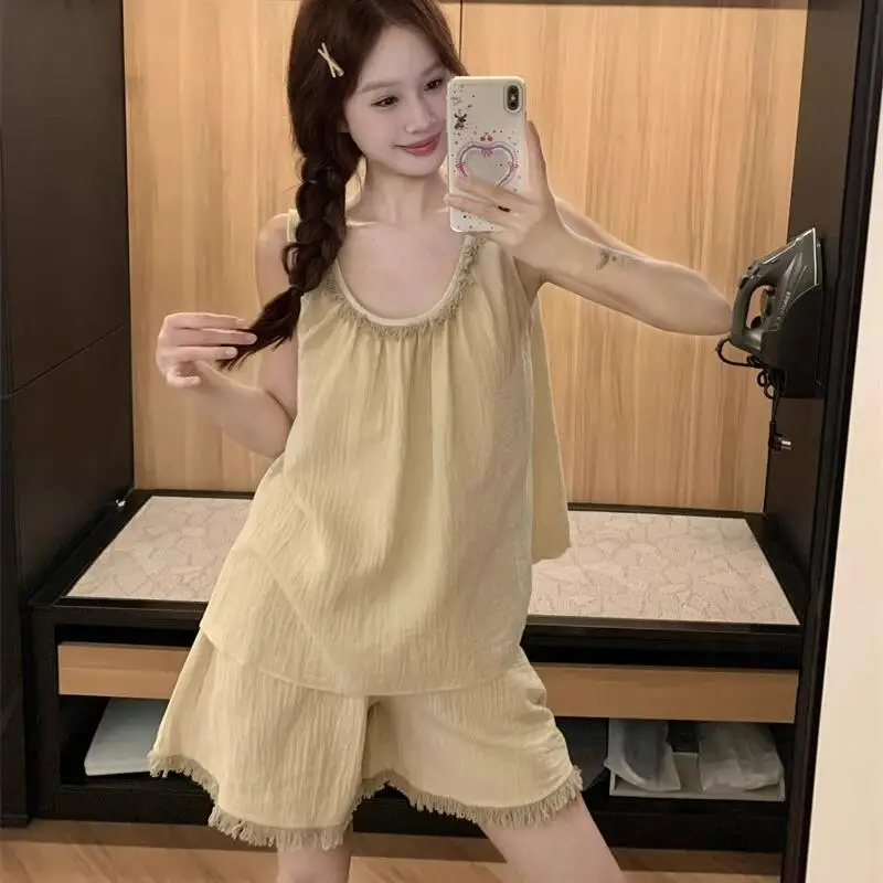 

Японские простые пижамы-комбинезоны для девушек, модные женские летние майки без рукавов и шорты, домашняя одежда, удобная и дышащая