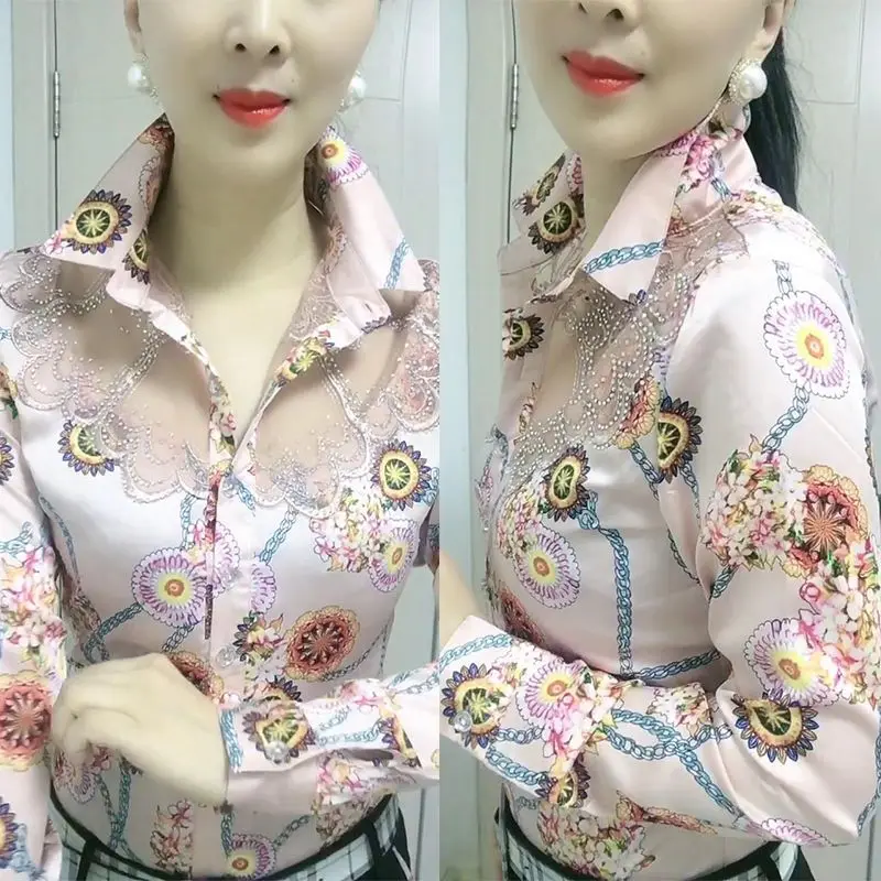 Loose Printed Long Sleeved Fashionable Elegant Chiffon Lace Shirt for Women New Spring Autumn High-end Western Floral Bottom Top