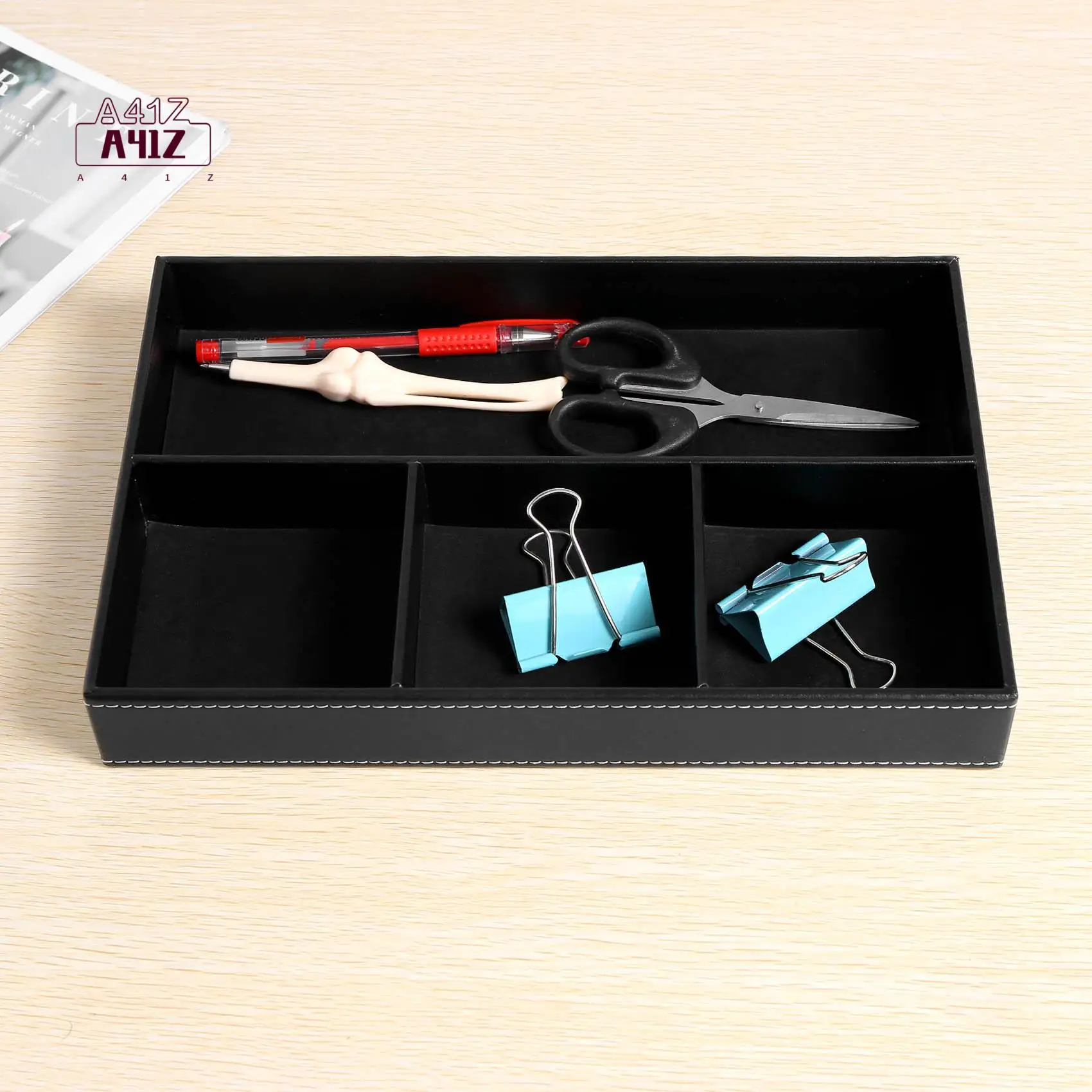 

A41Z-4 Slots Desk Drawer Organizer, Pu Leather Drawer Storage Organizer Divider For Office Desk Supplies Value Collection And Ac