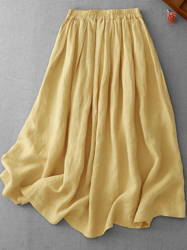 

Bright Yellow A-Line Midi Skirt Women's plus Size Full Elastic Waist Cotton Linen f Body Skirt Commute Artistic Sle Summer
