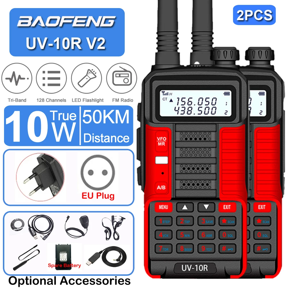 2PCS BaoFeng UV-10R V2 10W Long Range Walkie-Talkie Portable VHF UHF Dual Band Two Way CB Ham Radio Transceiver Two Way Radios