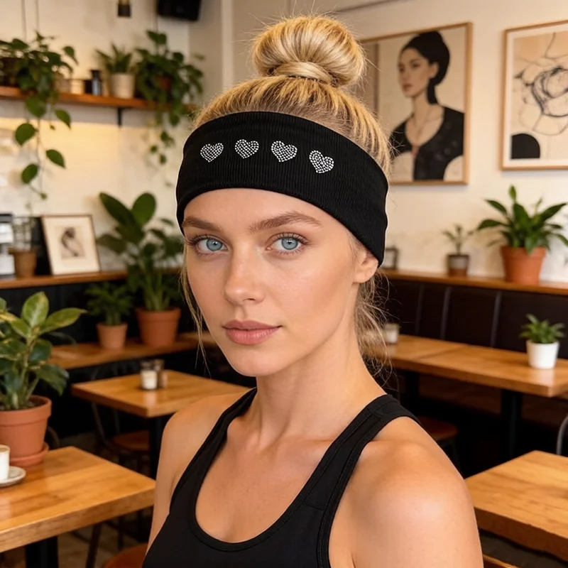 Diademas Deportivas de Yoga para Mujer, Diadema Elástica Vintage con Diamantes y Diseño de Corazón, Absorbente de Sudor para Gimnasio y Actividades al Aire Libre, Accesorios para el Cabello