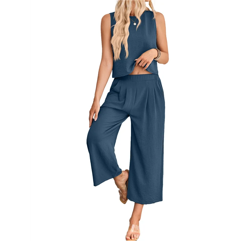 

ABRT-Женская летняя одежда из двух предметов, укороченный топ без рукавов с круглым вырезом, базовый топ, широкие брюки, комплект с карманами