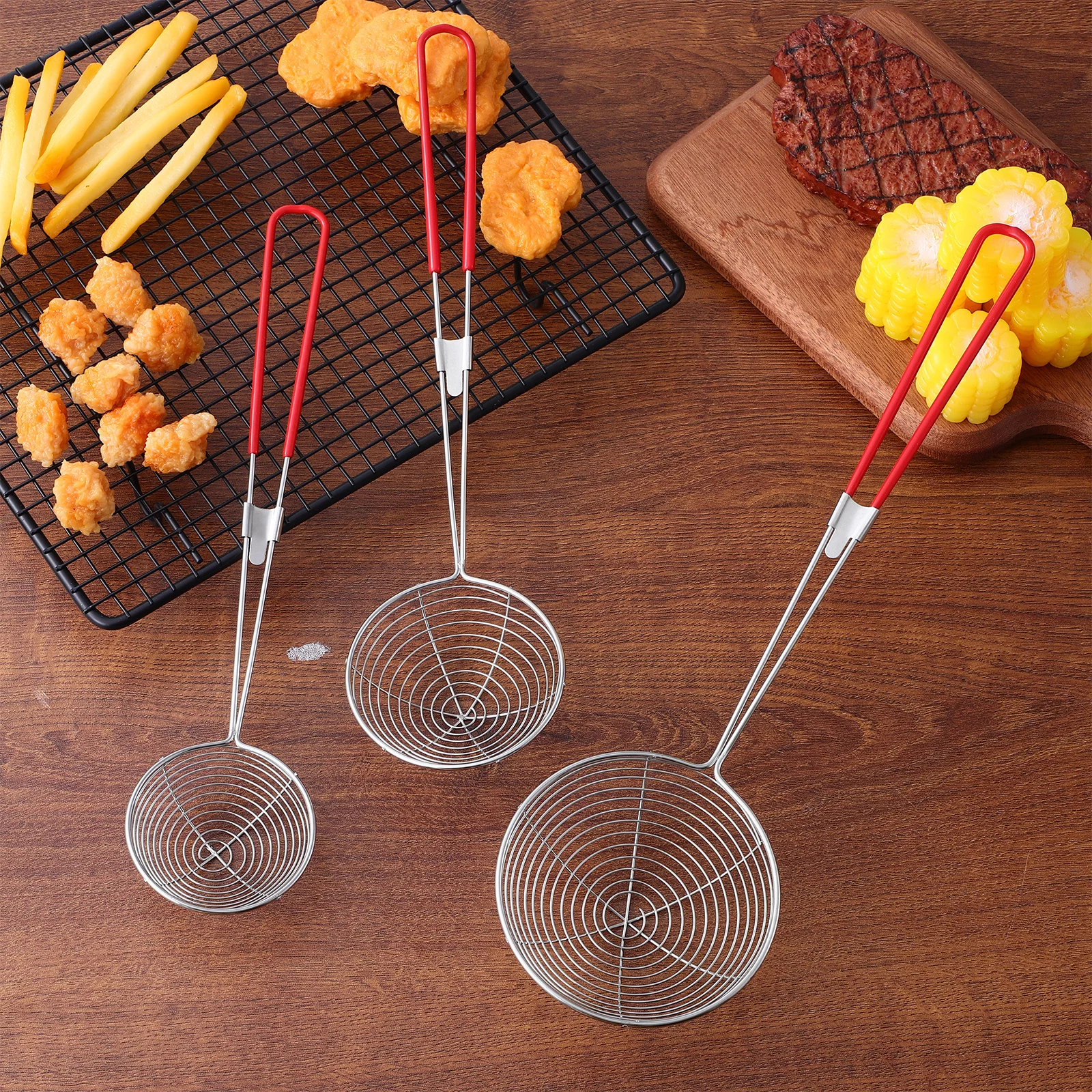 

3Pcs Stainless Steel Slotted Spoon Set Rubber Handle Kitchen Skimmer Ladle Food Strainer Cooking Tools Spider Strainer