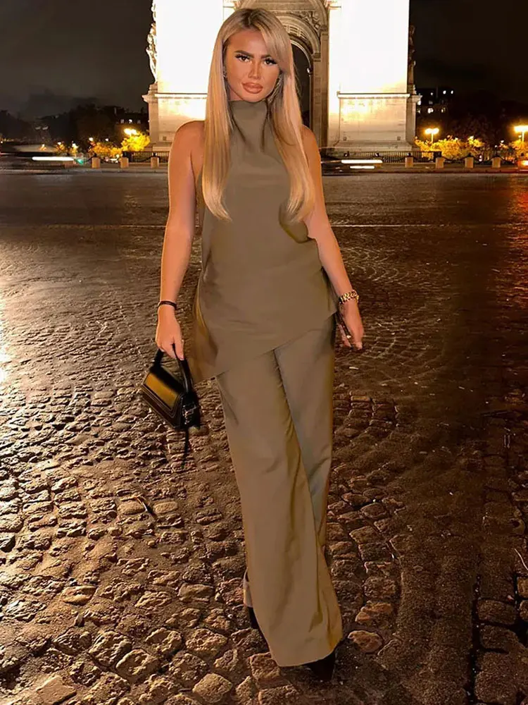 2025 New Fashion Female Long Pant Sets Backless Sexy Halter Camis Top + Elastic Waist Woman Straight Wide Leg Trousers