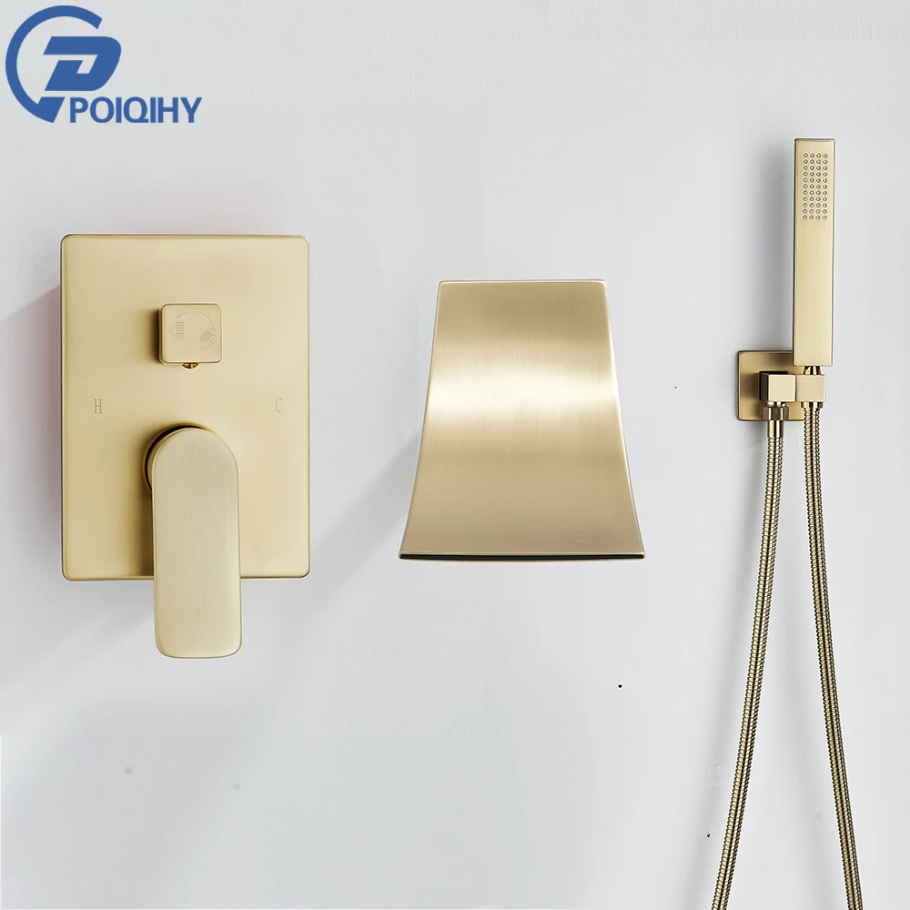 

Brushed Golden Bathtub Faucet Brass Waterfall Bath Shower Mixer Faucet Concealed Rain Waterfall Bathroom Tub Mixer Tap