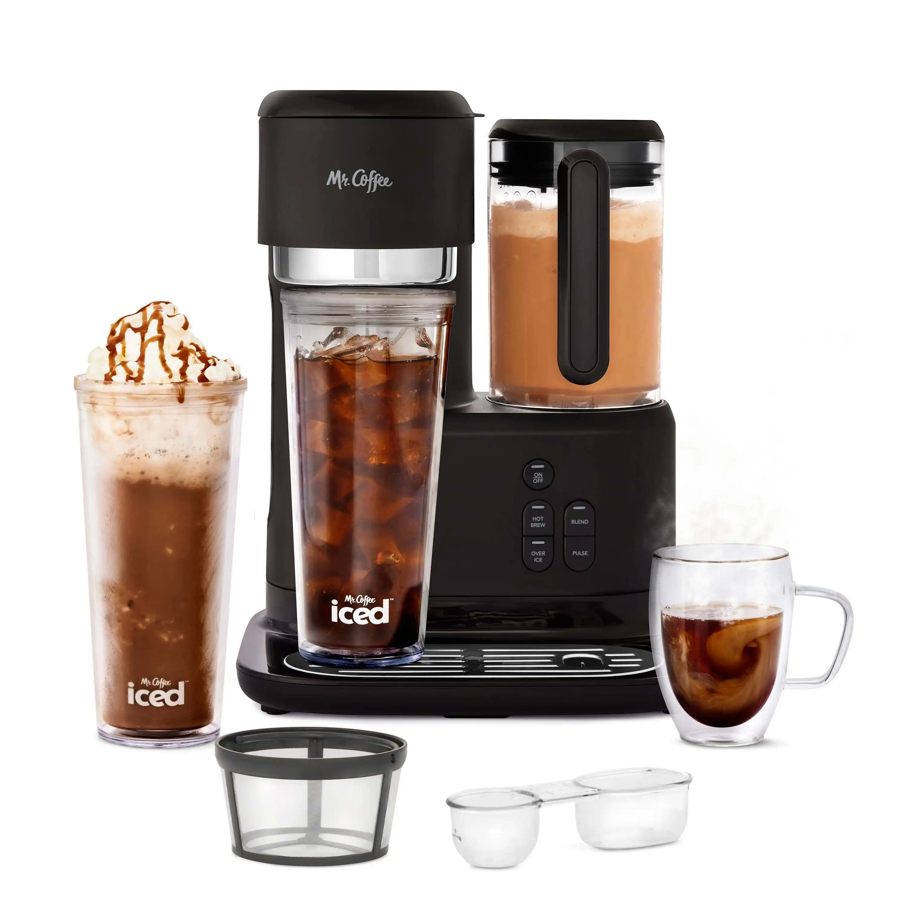 Cafetera y licuadora monodosis para frappe, helada y caliente, negra con 2 vasos para llevar, filtro de café reutilizable