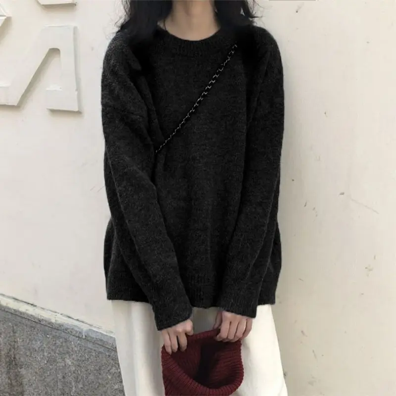 Vintage Women Solid Sweaters Autumn Winter O Neck Long Sleeve Pullovers Tops Korean Fashion Soft Thick Oversized Knitted Sweater