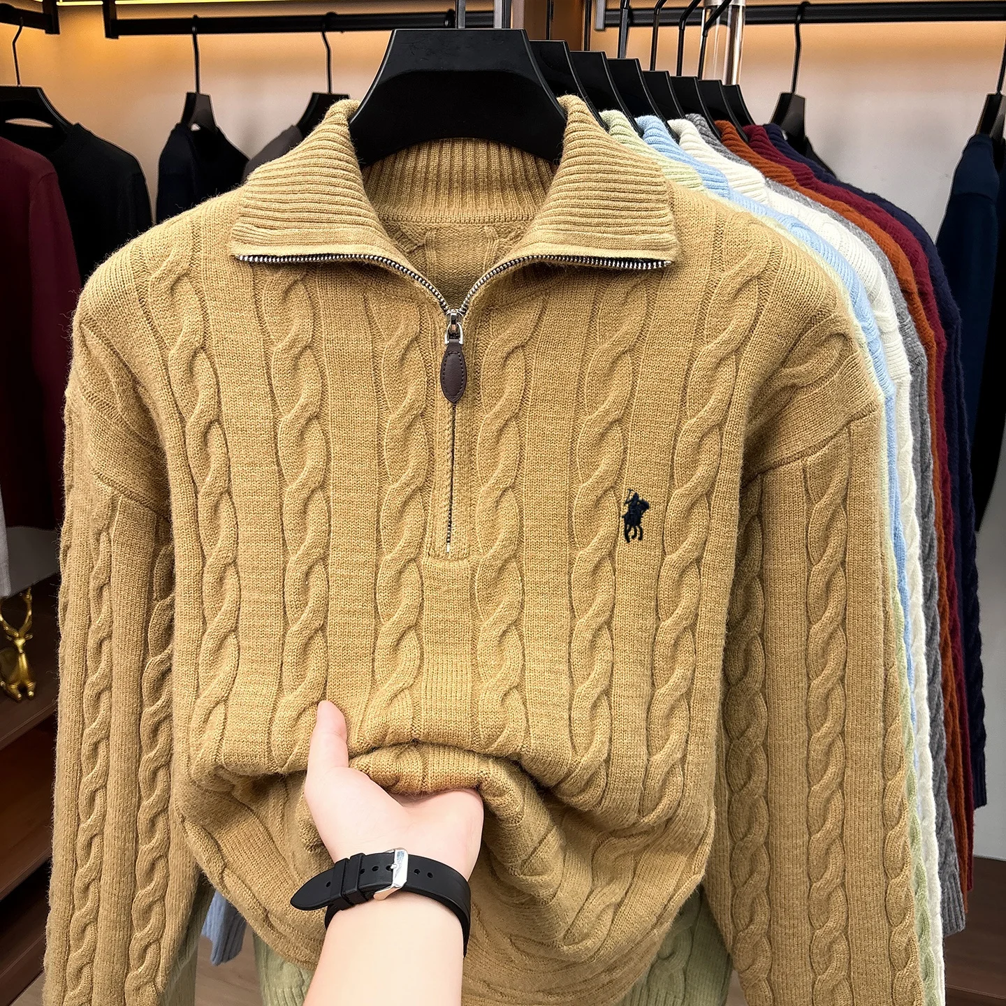 Mode Hochwertige Pullover Männer Luxusmarke Klassischer Stil Paul Pony Stickerei Winter Vintage Neue Dicke Warmwarmabdeckung Reißverschluss Kragen Stricken Sweater – Detail 16