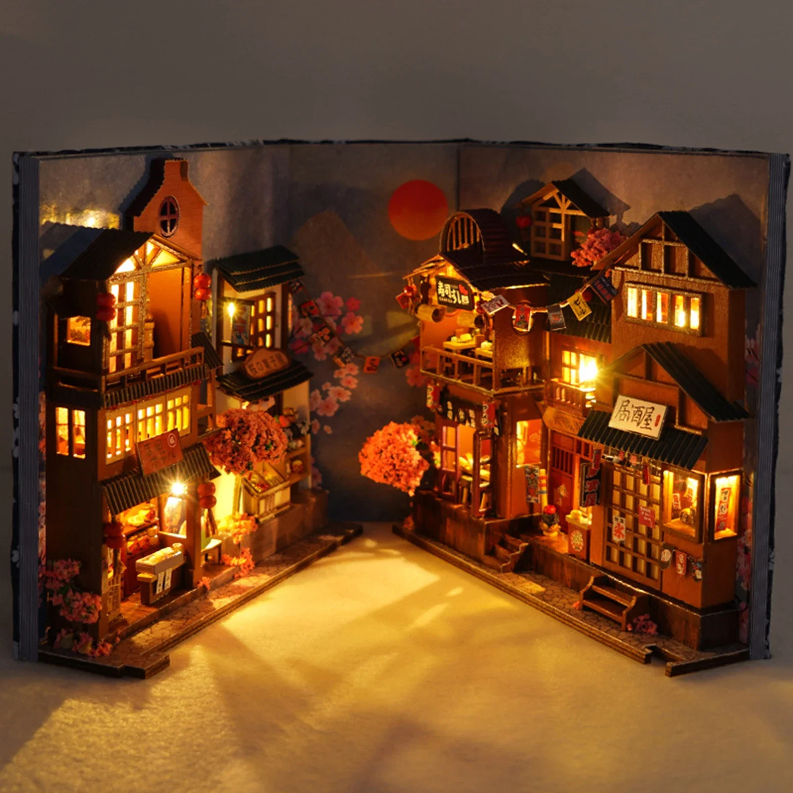 DIY Book Nook Kit Decorative Japanese Style Bookend Insert Bookcase Book Stand Miniature House with LED Light Creative Gift