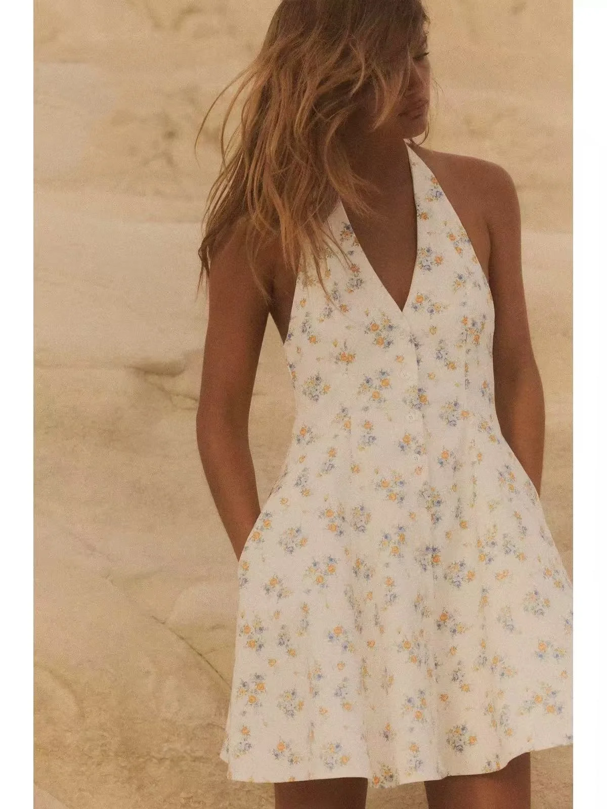 Verão 2025 nova chegada feminina impressa gaze de seda Svel Dr V-Ne gola pendurada praia Vaion Sle ort A-Line S...