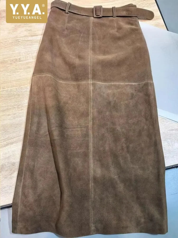 

Fashion Ladies Leisure Style Solid Color Genuine Leather Suede Skirts High Waist Belt Sheepskin Handmade Knee Length Skirt