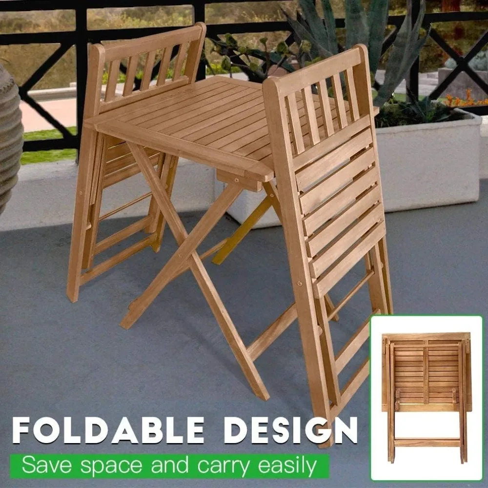 Bistro Set 3 Piece Outdoor Folding Patio Chairs Wooden Folding Chairs, Bistro Cafe Table and Chairs Set of 2 Small Patio Set