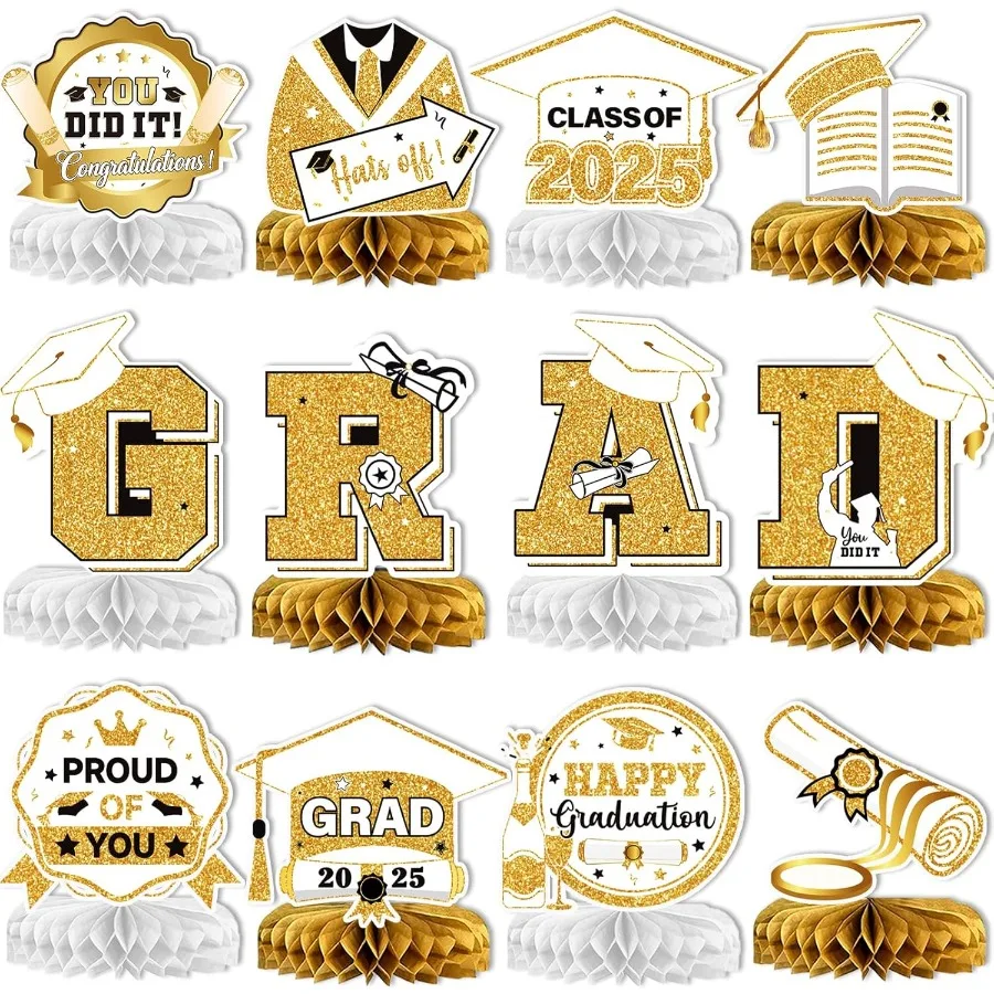 زينة طاولة التخرج باللونين الأبيض والذهبي 2025 قطع مركزية للتخرج للطاولات 2025 زينة التخرج 2025 فئة من 2