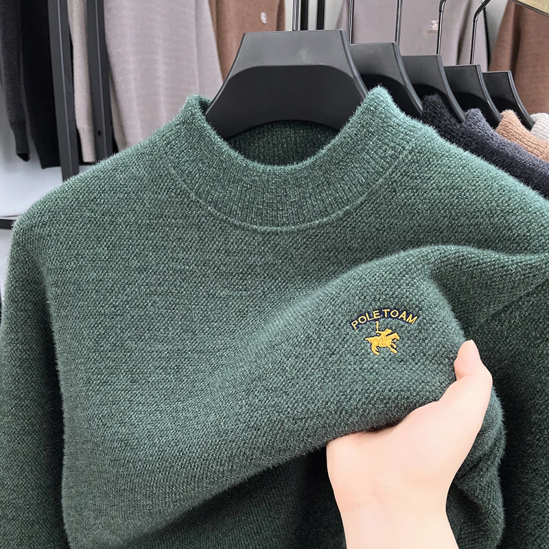 

High Quality Exquisite Horse Embroid Men's Knitwear Winter New O-Neck Pullover Long Sleeve Velvet Thicken Commute Trend Menswear