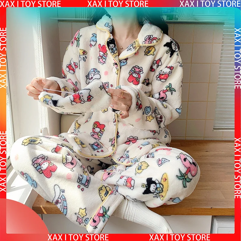 Sanrio Hello Kitty Long Sleeve Pajamas Women Cute Autumn Winter Plush Warm Girl Kawaii 2-piece Home Service Casual Pajamas Gift