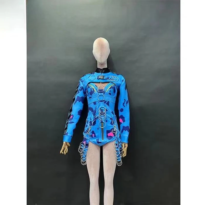 

Women Blue Leopard Print Sexy Stage Gogo Performance Outfit Club Party Props Atmosphere Interactive DS Singer Dance Costume Sexy