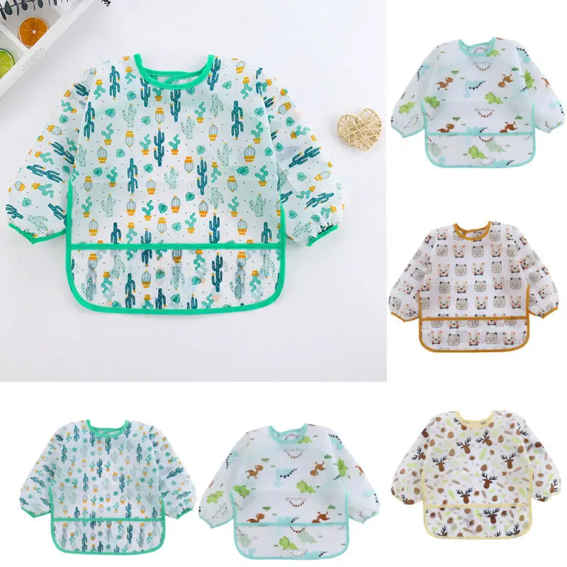 New Cute Children Baby Kids Toddler Waterproof Long Sleeve Art Smock Feeding Bib Apron Fit 0-6 Years