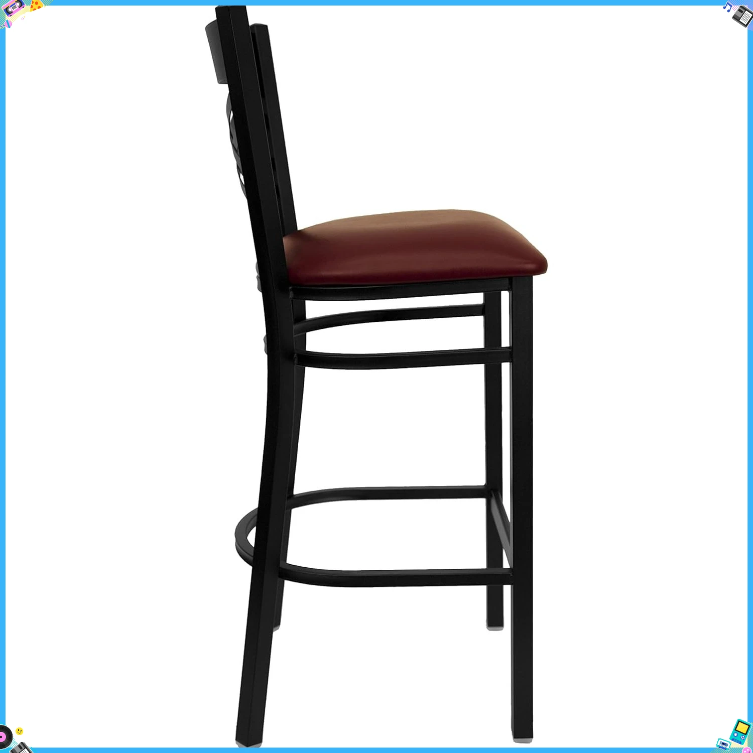 Taburete de bar industrial con respaldo en X negro, taburete de mostrador de 42,25 pulgadas de altura, asiento de vinilo burdeos de 18 pulgadas de profundidad y 17 pulgadas de ancho, para decoración de comedor de pub de cocina