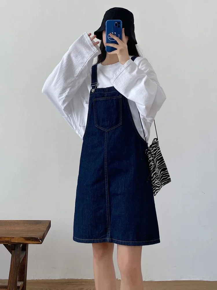 Denim Mini sukienki damskie luźne, solidne, delikatne Ulzzang Vintage Casual kwadratowy kołnierzyk letni College leniwy cały mecz Streetwear nastolatki — zdjęcie 2